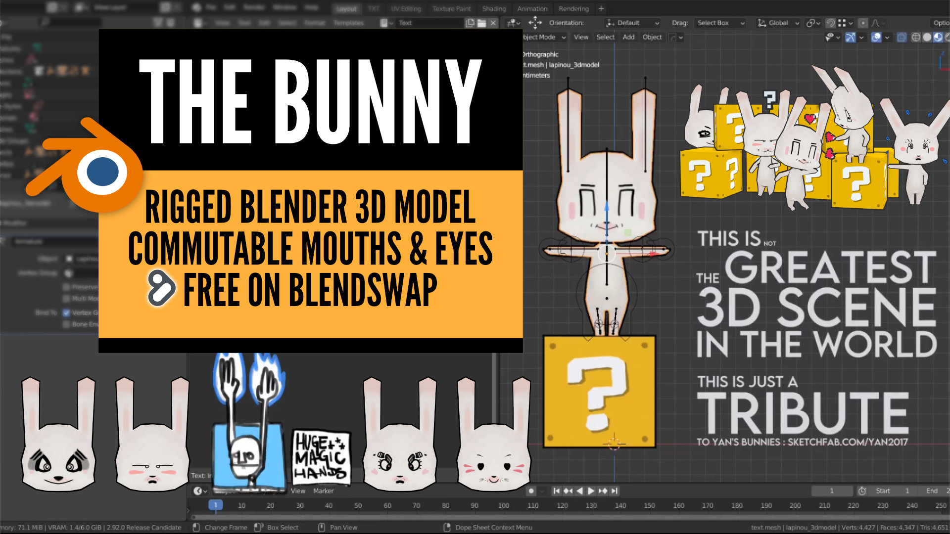 The Bunny - FREE RIGGED BLENDER 3D MODEL, W/ COMMUTABLE MOUTHS & EYES preview image 1